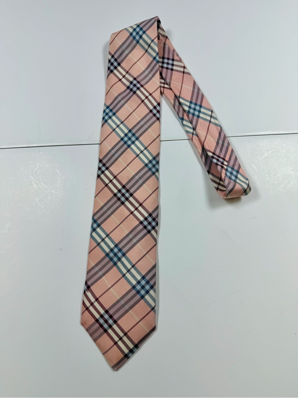 Burberry Pink Plaid Men's Tie with Blue and Black Accents